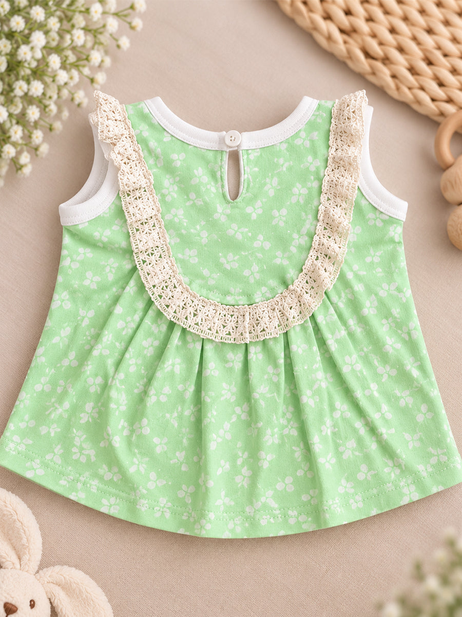 Ziva Baby Girl Frock with Pantie – Mint Green Tiny Floral Print | Premium Knitted Cotton | White Lace Yoke | 2-Piece Set