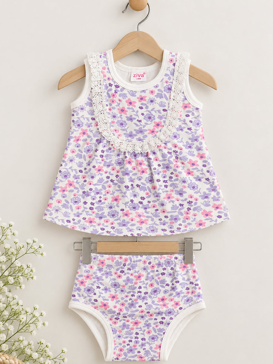 Ziva Baby Girl Frock with Pantie – Lavender & Pink Floral Print | Premium Knitted Cotton | White Lace Yoke | 2-Piece Set
