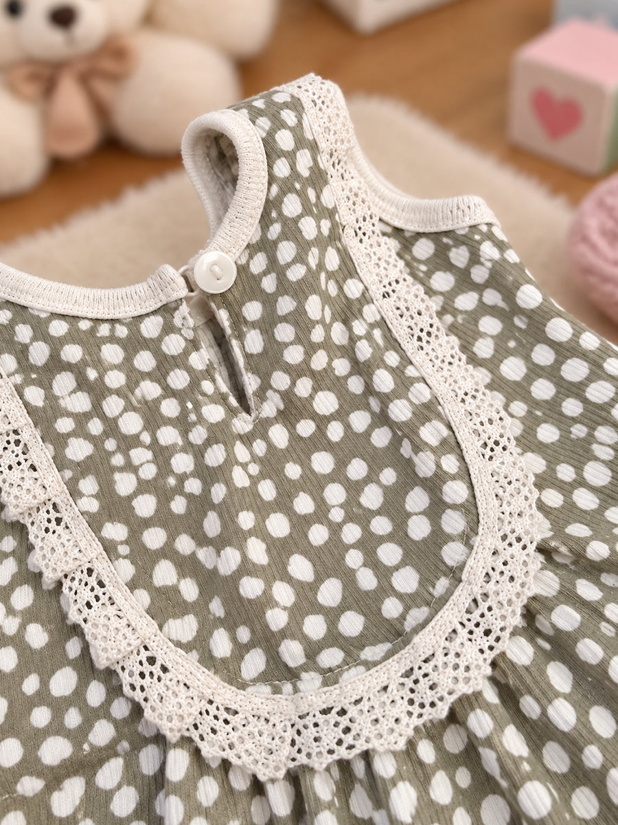 Ziva Baby Girl Frock with Pantie – Olive Sage White Dot Print | Premium Knitted Cotton | White Lace Yoke | 2-Piece Set