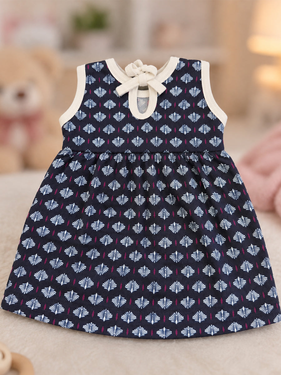 Ziva Baby Girl Frock with Pantie – Navy Blue Ethnic Motif Print | Premium Knitted Cotton | Back Adjustable Knot Tie | 2-Piece Set