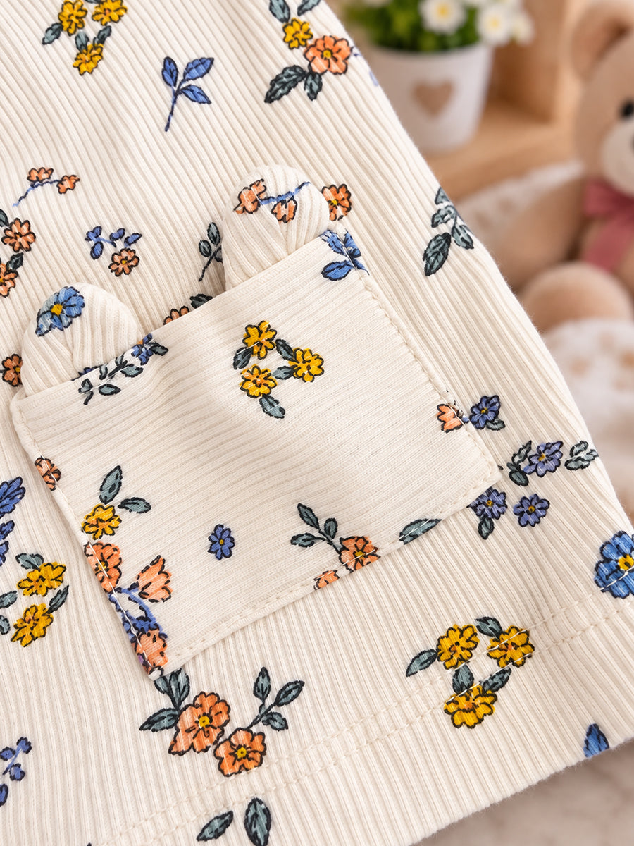 Ziva Baby Girl Frock with Pantie – Soft Ivory Tiny Floral Print | Premium Knitted Cotton | Shoulder Button & Front Pockets | 2-Piece Set