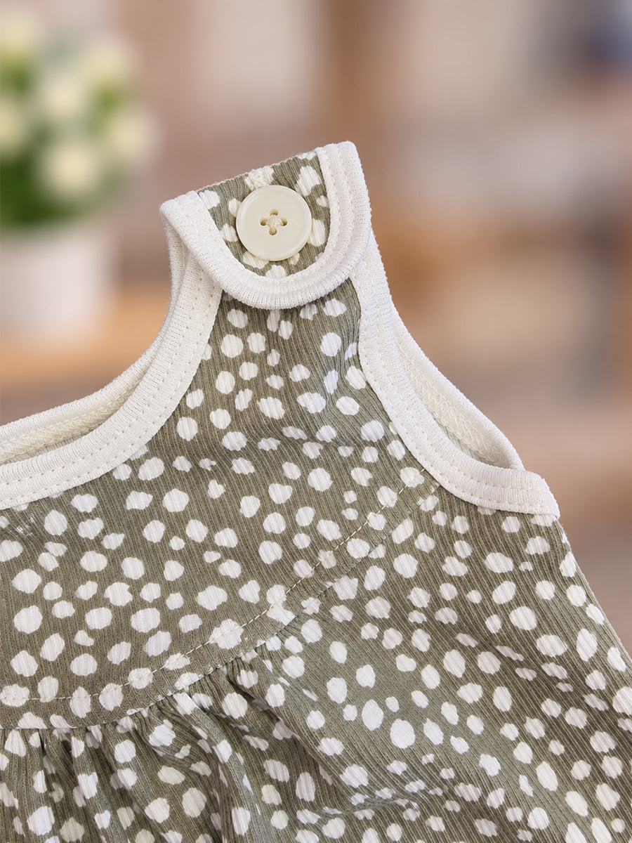 Ziva Baby Girl Frock with Pantie – Sage Olive Pebble Print | Premium Knitted Cotton | Shoulder Buttons & Front Pockets | 2-Piece Set
