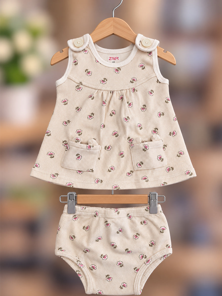 Ziva Baby Girl Frock with Pantie – Soft Cream Tiny Blossom Print | Premium Knitted Cotton | Shoulder Buttons & Front Pockets | 2-Piece Set