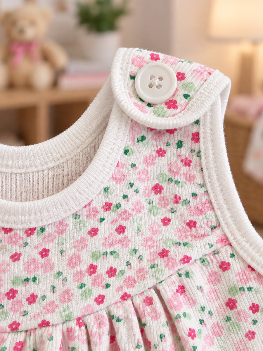 Ziva Baby Girl Frock with Pantie – Soft Cream Tiny Pink Floral Print | Premium Knitted Cotton | Shoulder Buttons & Front Pockets | 2-Piece Set