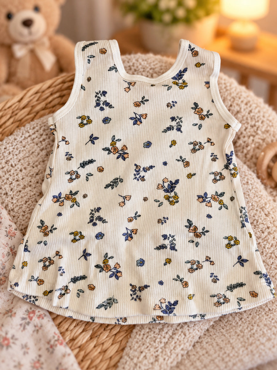 Ziva Baby Girl Frock with Pantie – Soft Cream Blue & Peach Floral Print | Premium Knitted Cotton | Shoulder Buttons & Front Pockets | 2-Piece Set