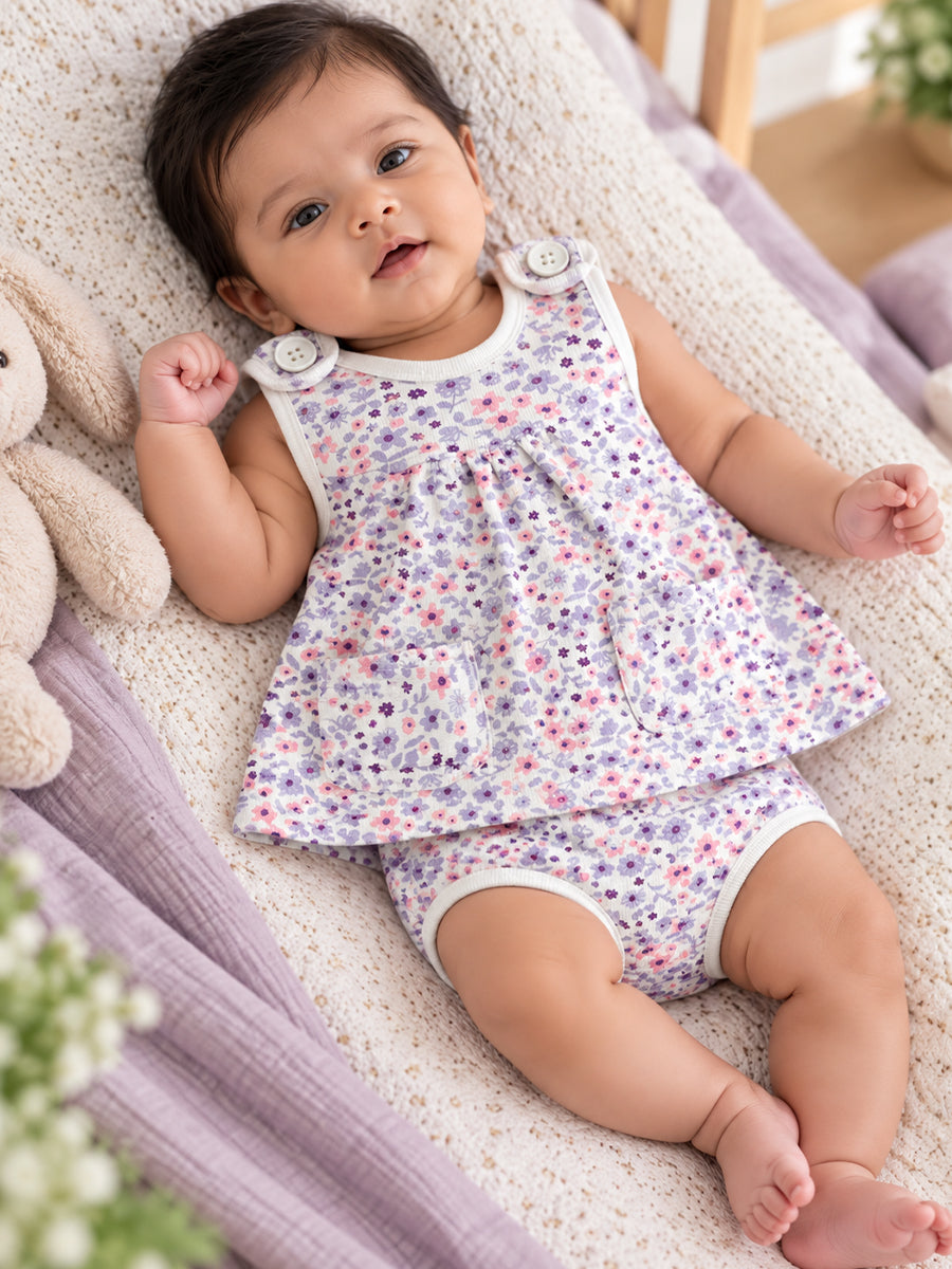 Ziva Baby Girl Frock with Pantie – Soft Cream Lavender & Pink Floral Print | Premium Knitted Cotton | Shoulder Buttons & Front Pockets | 2-Piece Set