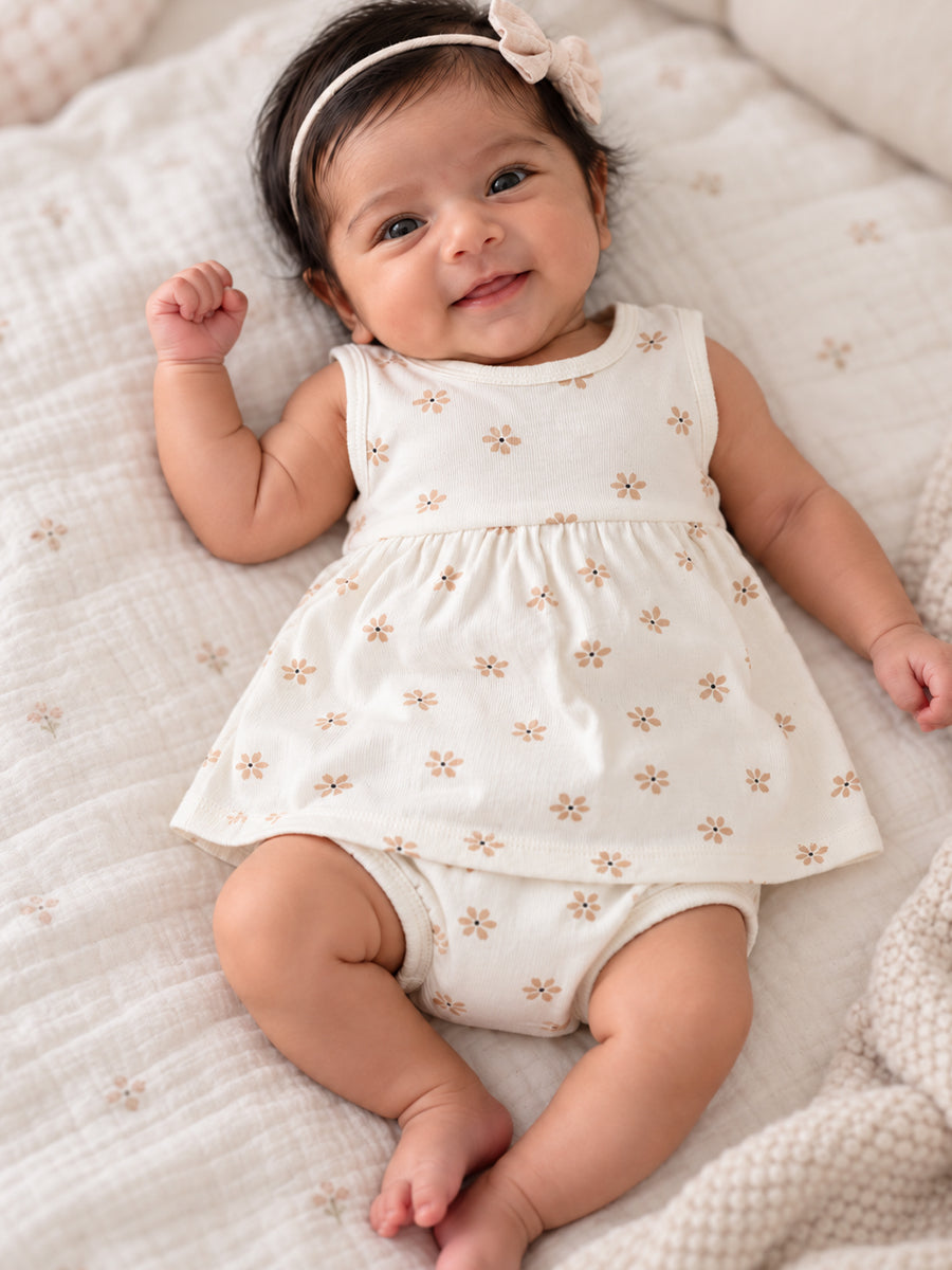 Ziva Baby Girl Frock with Pantie – Off White Beige Daisy Print | Premium Knitted Cotton | Back Knot Tie | 2-Piece Set