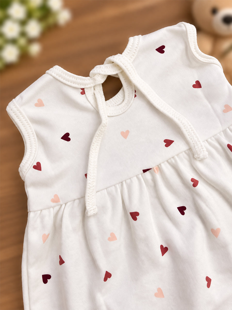 Ziva Baby Girl Frock with Pantie – Off White Multicolour Tiny Heart Print | Premium Knitted Cotton | Back Knot Tie | 2-Piece Set