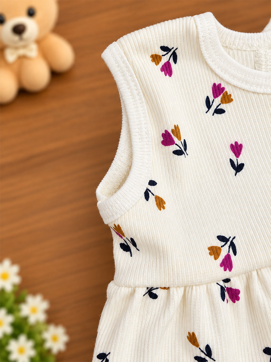 Ziva Baby Girl Frock with Pantie – Off White Tiny Tulip Floral Print | Premium Knitted Cotton | Back Knot Tie | 2-Piece Set