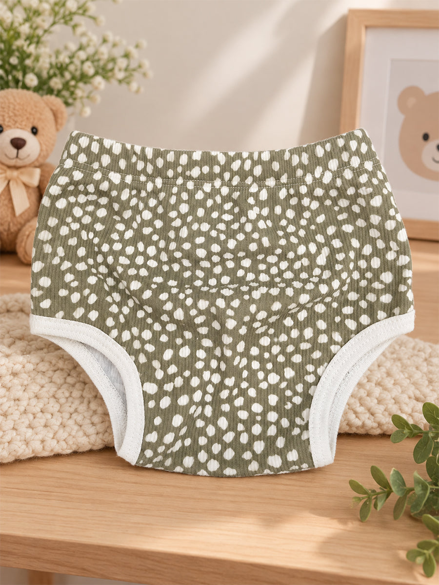 Ziva Baby Girl Frock with Pantie – Olive Sage White Pebble Print | Premium Knitted Cotton | Back Knot Tie | 2-Piece Set