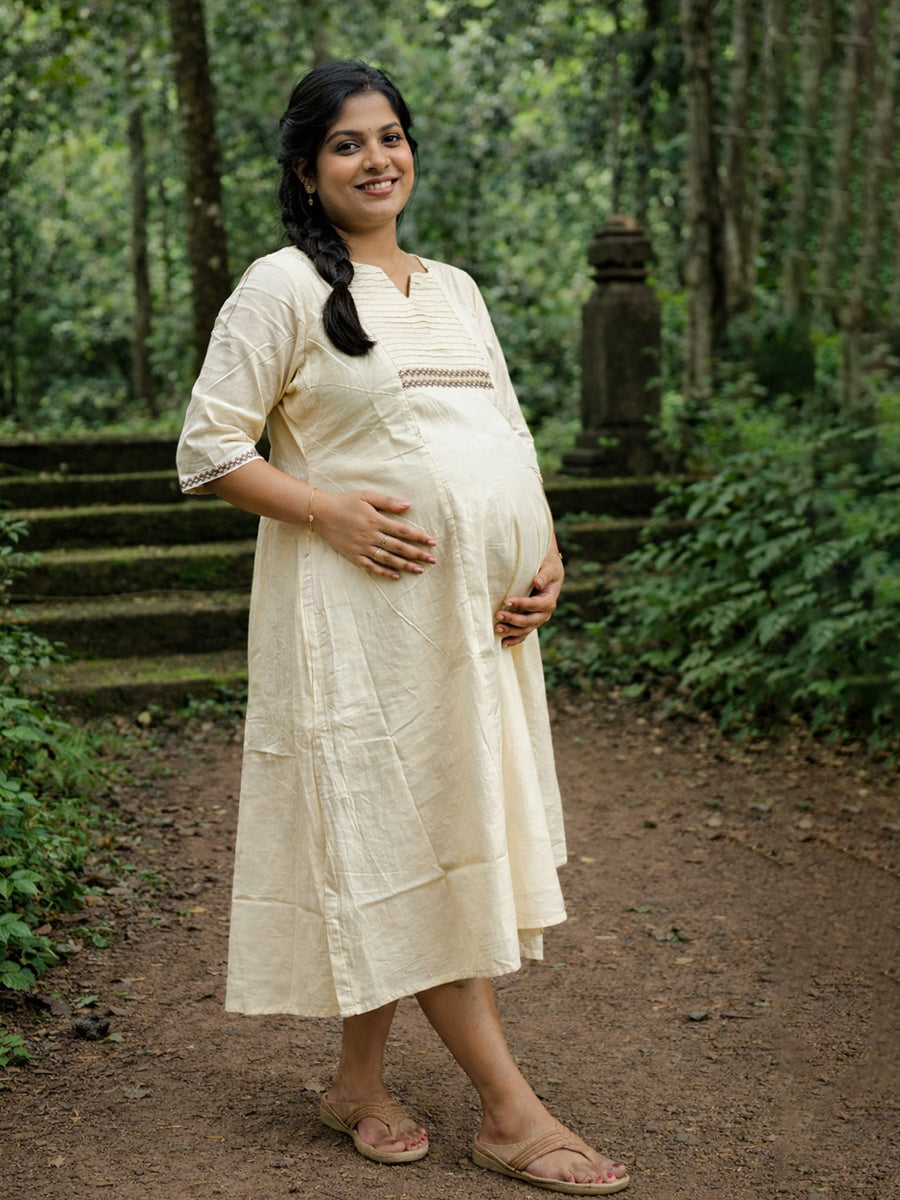 Ziva Maternity & Feeding Cotton Midi Dress with Lace Detail & Concealed Zip – Off-White Vishu & Festive Collection