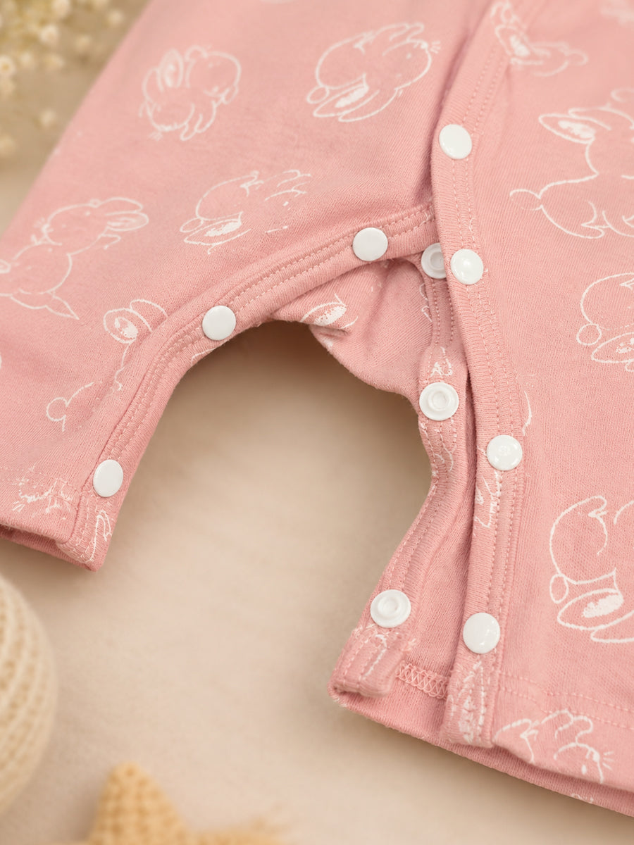 Ziva Baby Jumpsuit – Dusty Rose Pink | Bunny Print | Knitted Cotton | Front Open Snap Button