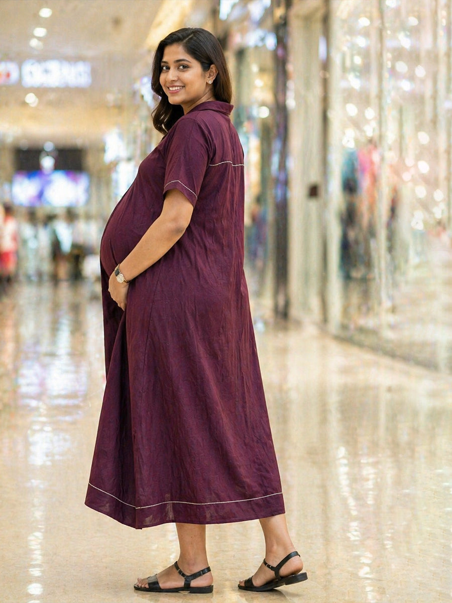 Ziva Maternity & Feeding  A-Line Dress with Zip & Pocket – Maroon
