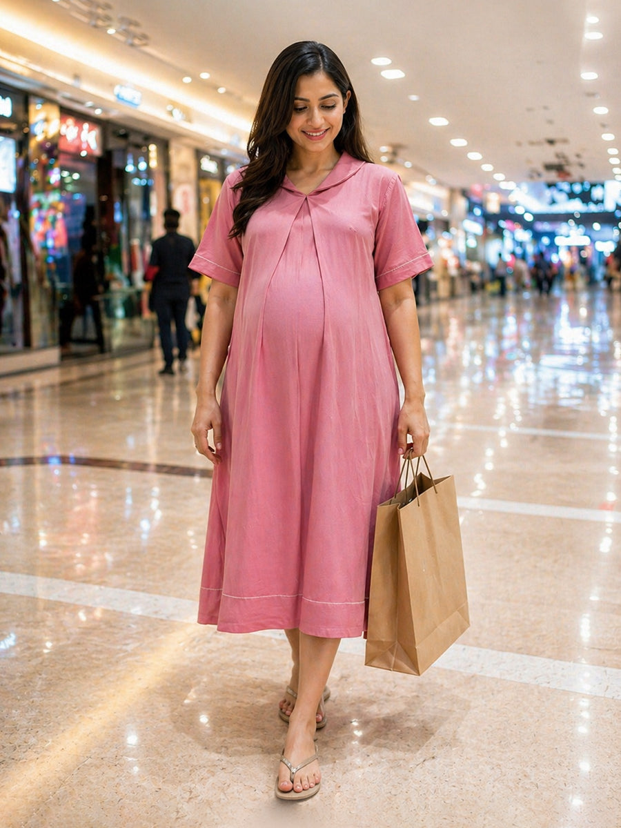 Ziva Maternity & Feeding  A-Line Dress with Zip & Pocket – Faded Pink