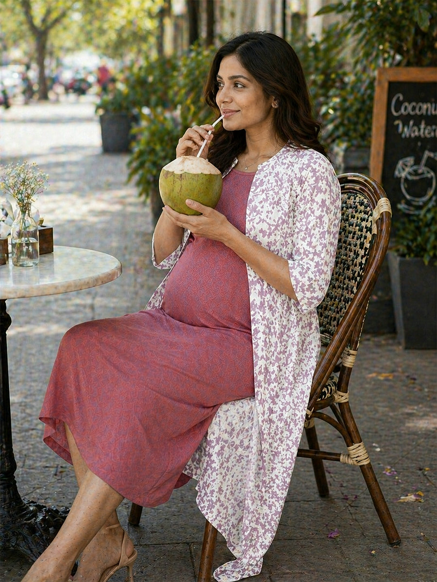 Ziva Maternity & Feeding Dress with Sleeveless Inner & Long Jacket – Pink & White