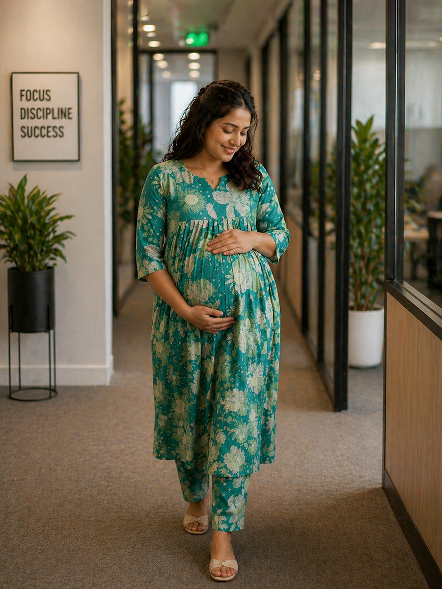 Ziva Maternity & Feeding Ethnic Co-ord Set with Nursing Zip & Wide-Leg Adjustable Pant – Green Floral