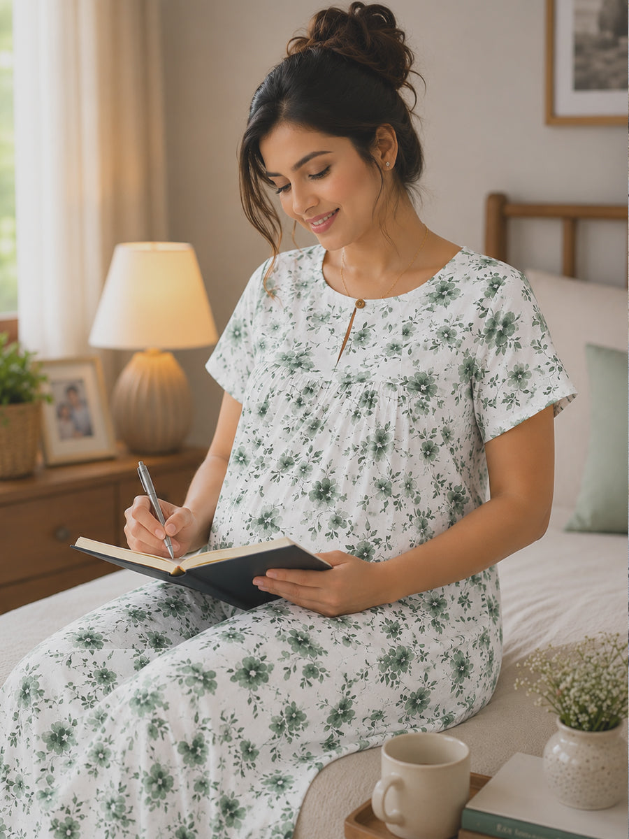 Ziva Maternity & Feeding Cotton Short Nighty with Zip & Pocket – White & Green Ditsy Floral