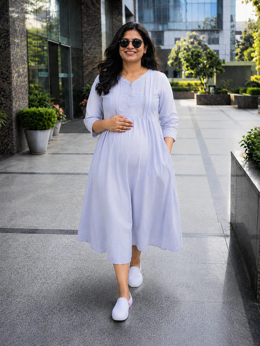 Ziva Maternity & Feeding Crinkle Textured Dress with Invisible Feeding Zip & Pocket – Lavender