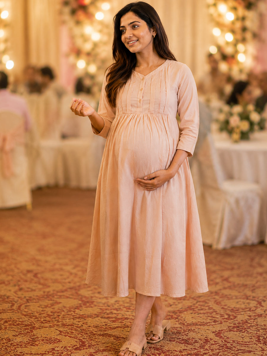 Ziva Maternity & Feeding Crinkle Textured Dress with Invisible Feeding Zip & Pocket – Peachy Pink