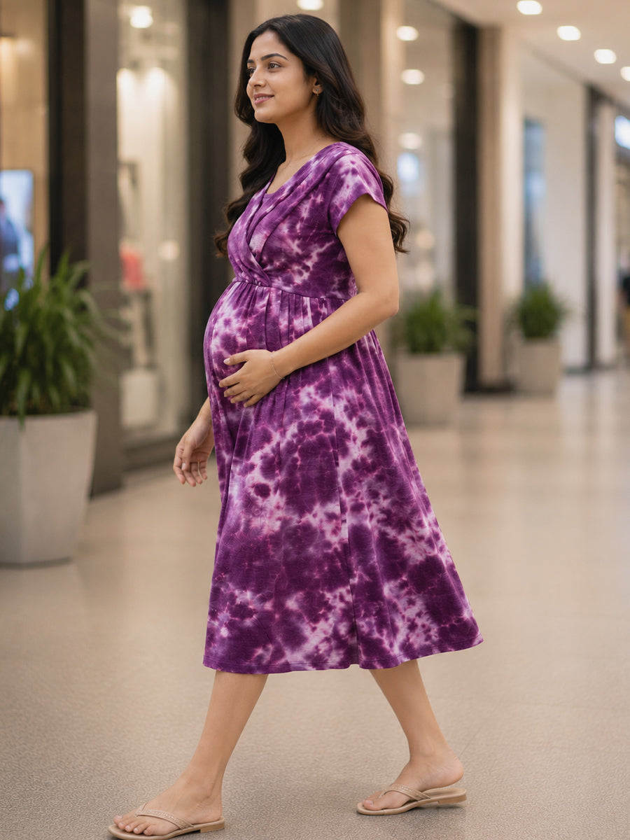 Ziva Maternity & Feeding Knitted Cotton Midi Dress with Zipless Feeding Access & Pocket – Purple Tie-Dye