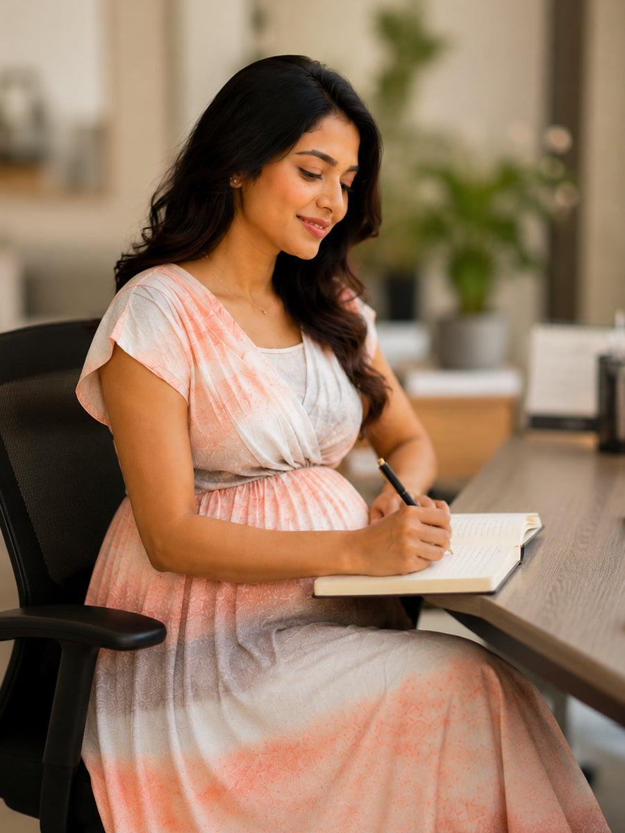 Ziva Maternity & Feeding Knitted Cotton Midi Dress with Zipless Feeding Access & Pocket – Pastel Peach Ombre Tie-Dye