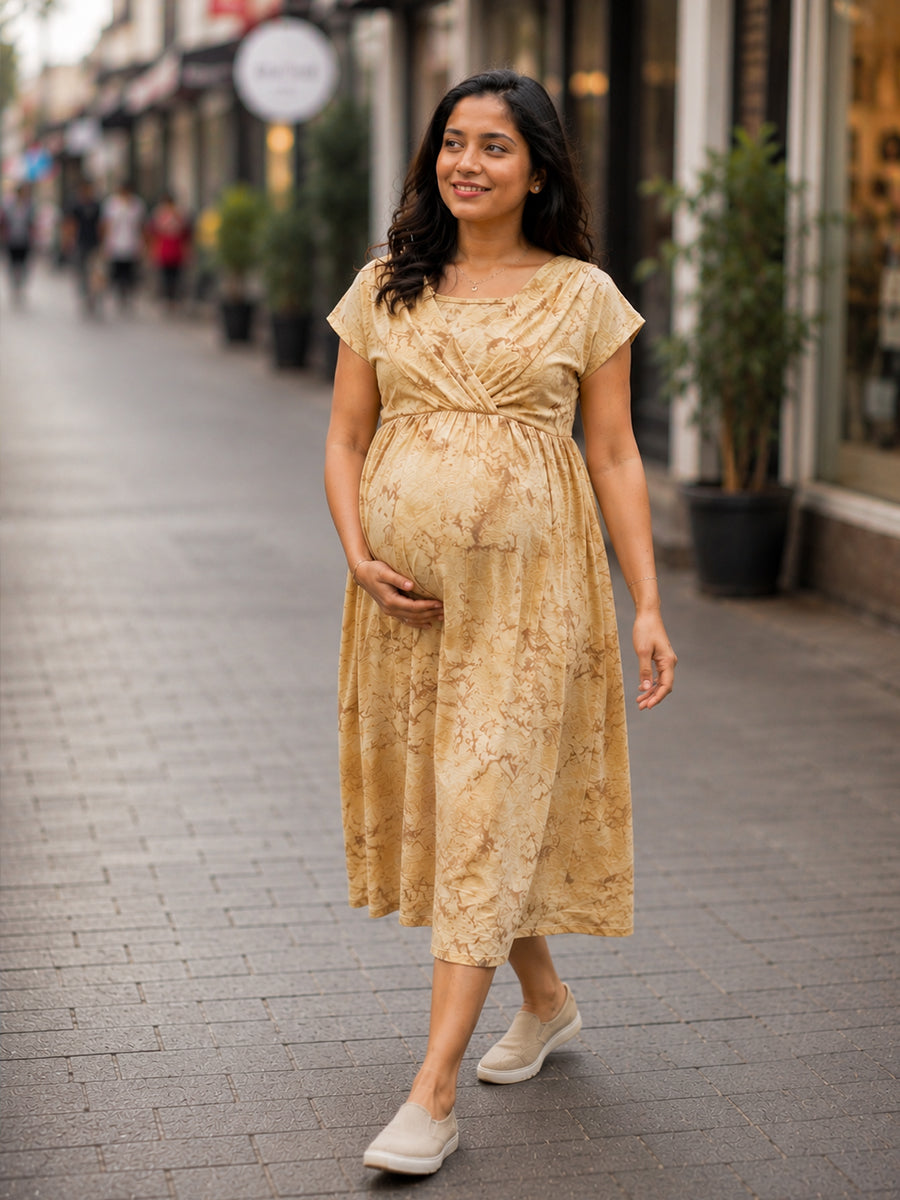 Ziva Maternity & Feeding Knitted Cotton Midi Dress with Zipless Feeding Access & Pocket – Light Golden Brown Tie-Dye