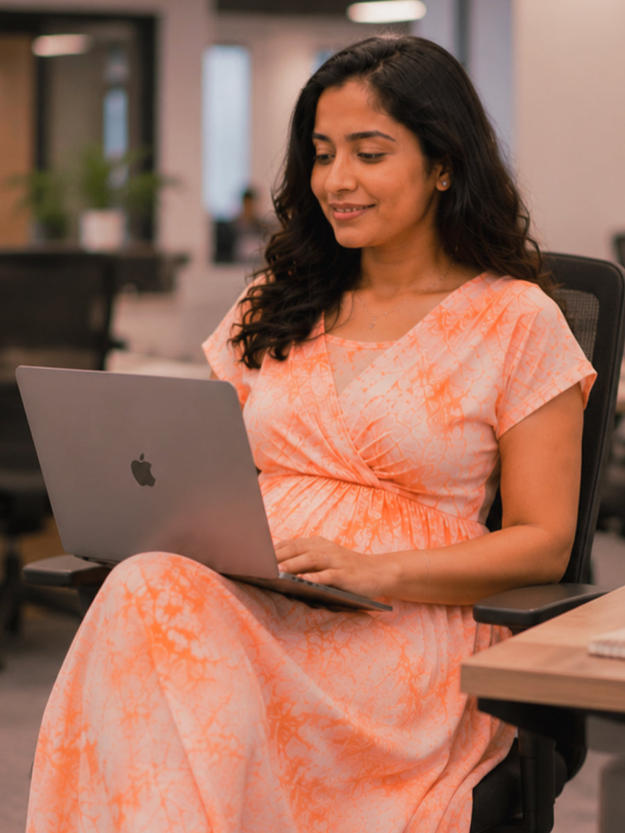 Ziva Maternity & Feeding Knitted Cotton Midi Dress with Zipless Feeding Access & Pocket – Orange Tie-Dye