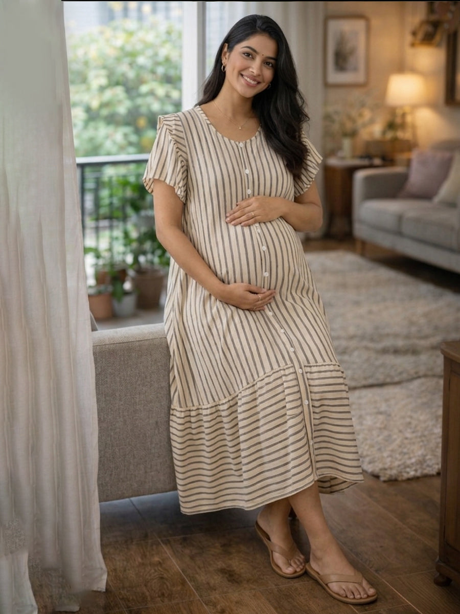 Ziva Maternity & Feeding Full Open Short Nighty with Full Button & Pocket – Cream & Black Stripes