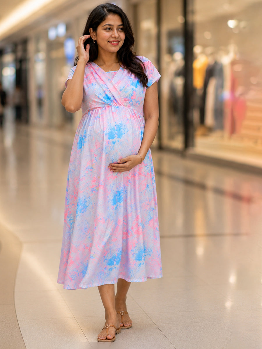 Ziva Maternity & Feeding Knit Cotton Midi Dress with Zipless Feeding Access & Pocket – Neon Peach Multi Tie-Dye
