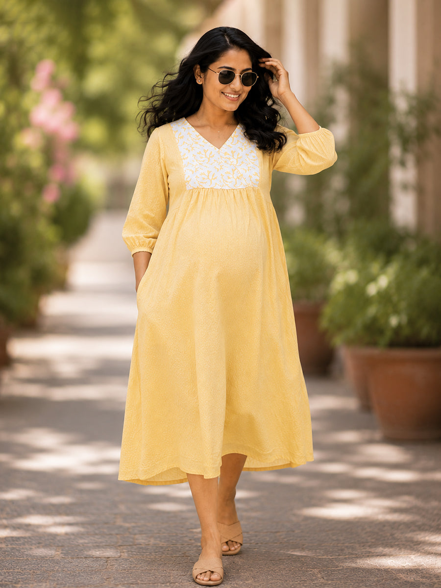 Ziva Maternity & Feeding Crushed Textured Shimmer Fabric Dress with Invisible Feeding Zip & Side Pocket – Yellow
