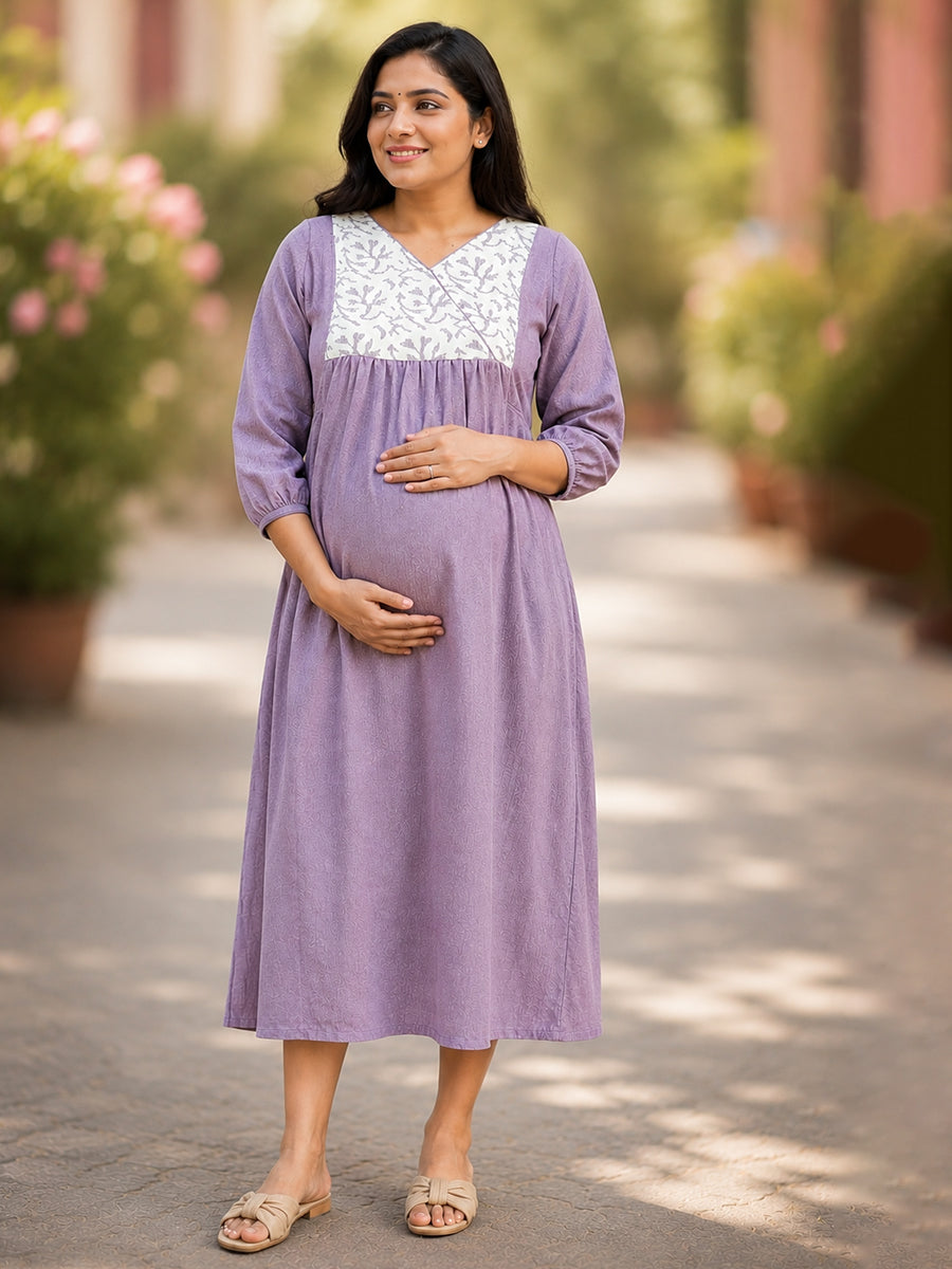 Ziva Maternity & Feeding Crushed Textured Shimmer Fabric Dress with Invisible Feeding Zip & Side Pocket – Dusty Mauve