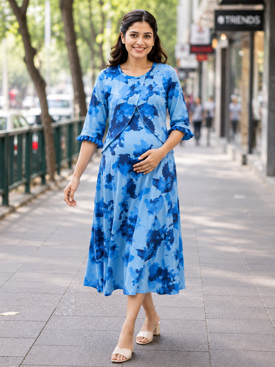 Ziva Maternity & Feeding Knitted Cotton Maxi Dress with Zipless Feeding Access & Pocket – Light Blue Abstract Splash Print