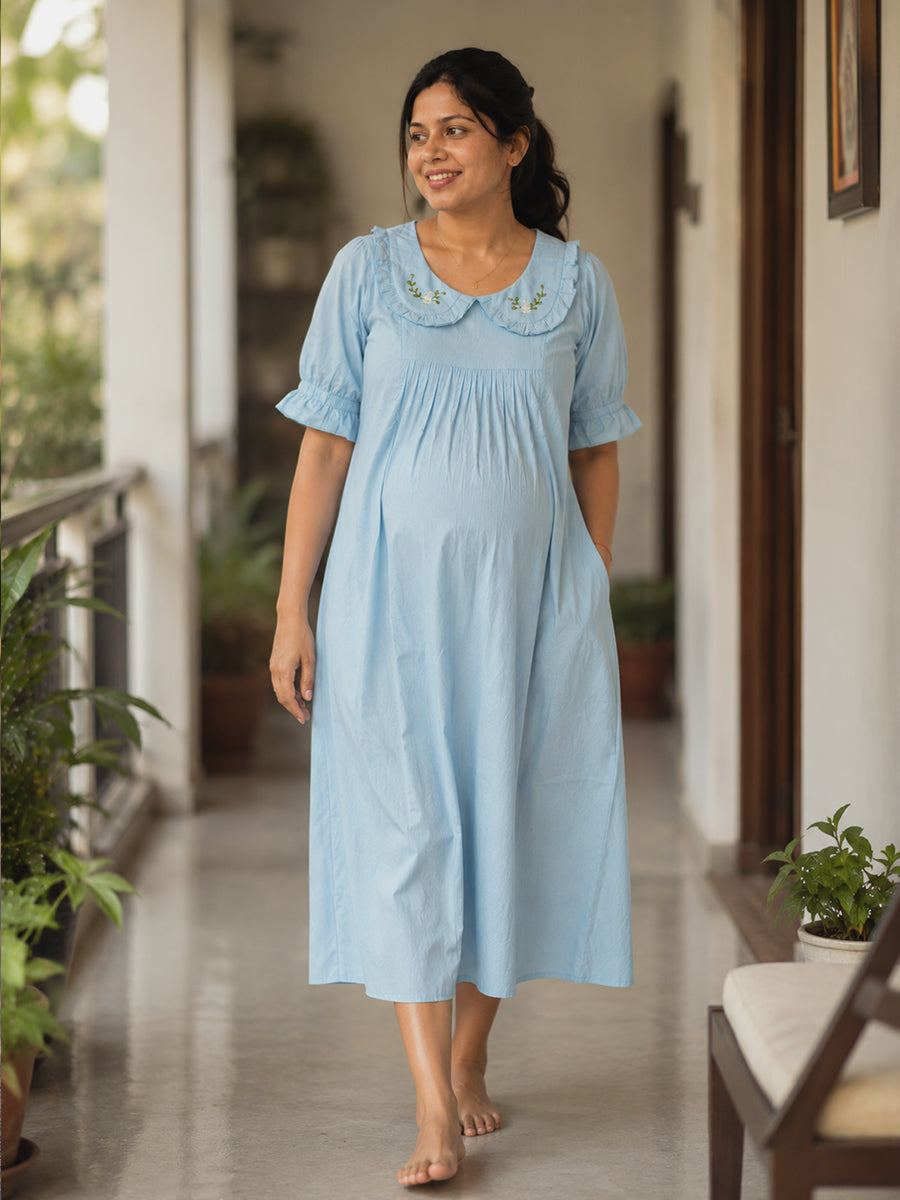 Ziva Maternity & Feeding Cotton Short Frock Nighty with Elegant Embroidered Peter Pan Collar, Invisible Feeding Zips & Pocket – Light Blue