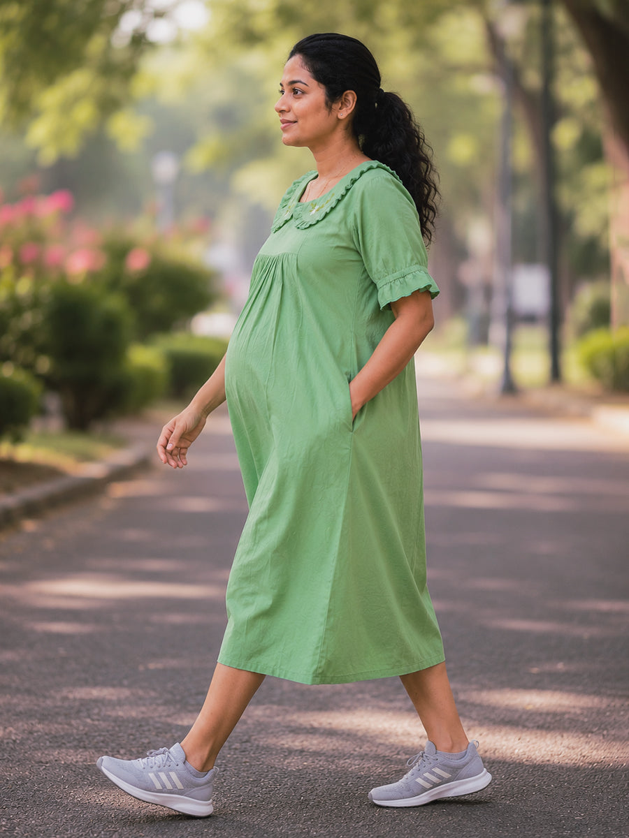 Ziva Maternity & Feeding Cotton Short Frock Nighty with Elegant Embroidered Peter Pan Collar, Invisible Feeding Zips & Pocket – Sage Green
