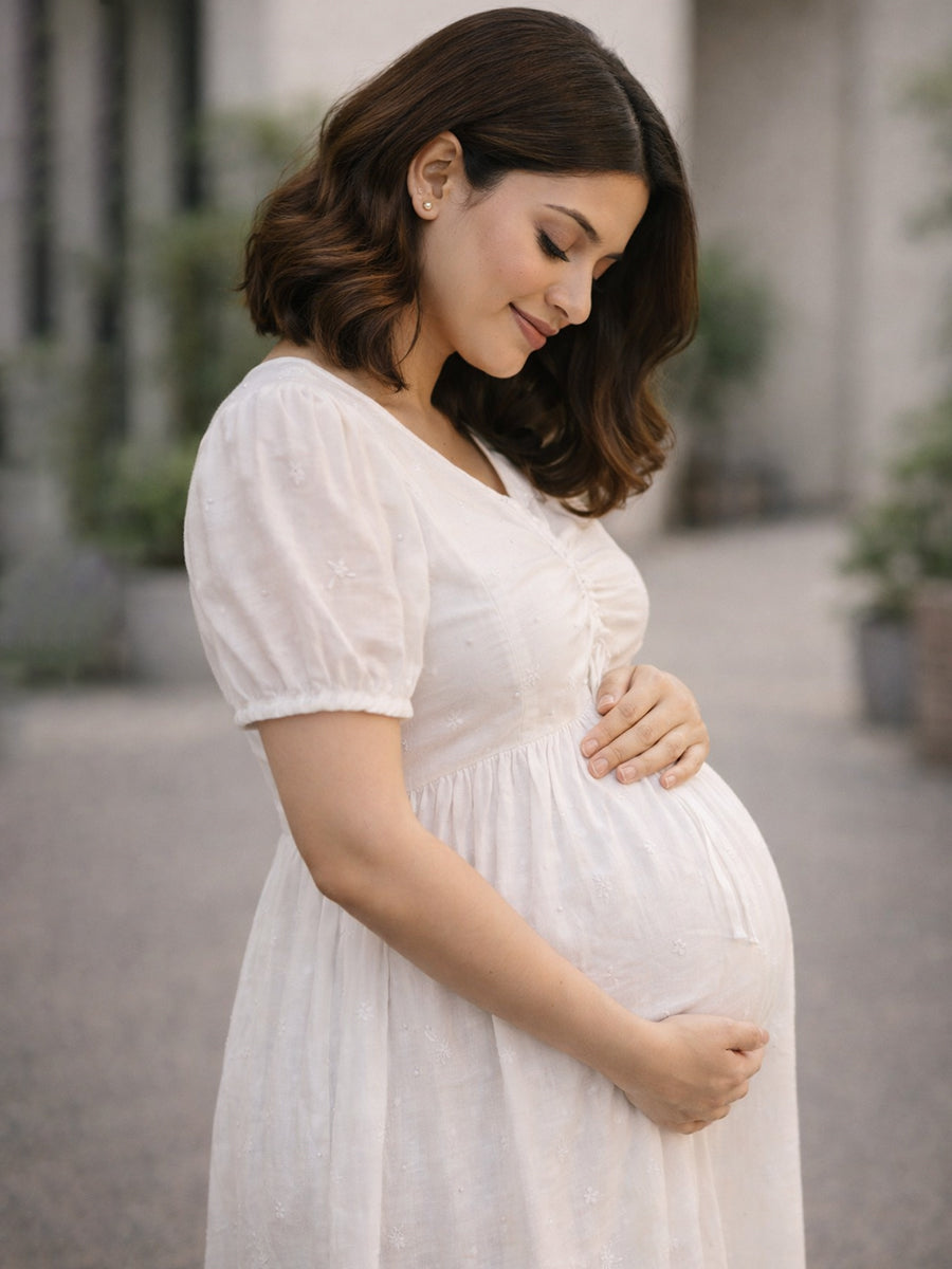 Ziva White Cotton Maternity & Feeding Dress with Bead & Thread Work – Easter Edition | Festive Collection