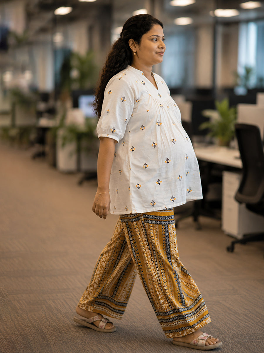 Ziva Maternity & Feeding Ethnic Co-ord Set with Feeding Zip & Wide-Leg Adjustable Palazzo – Cream & Mustard Yellow