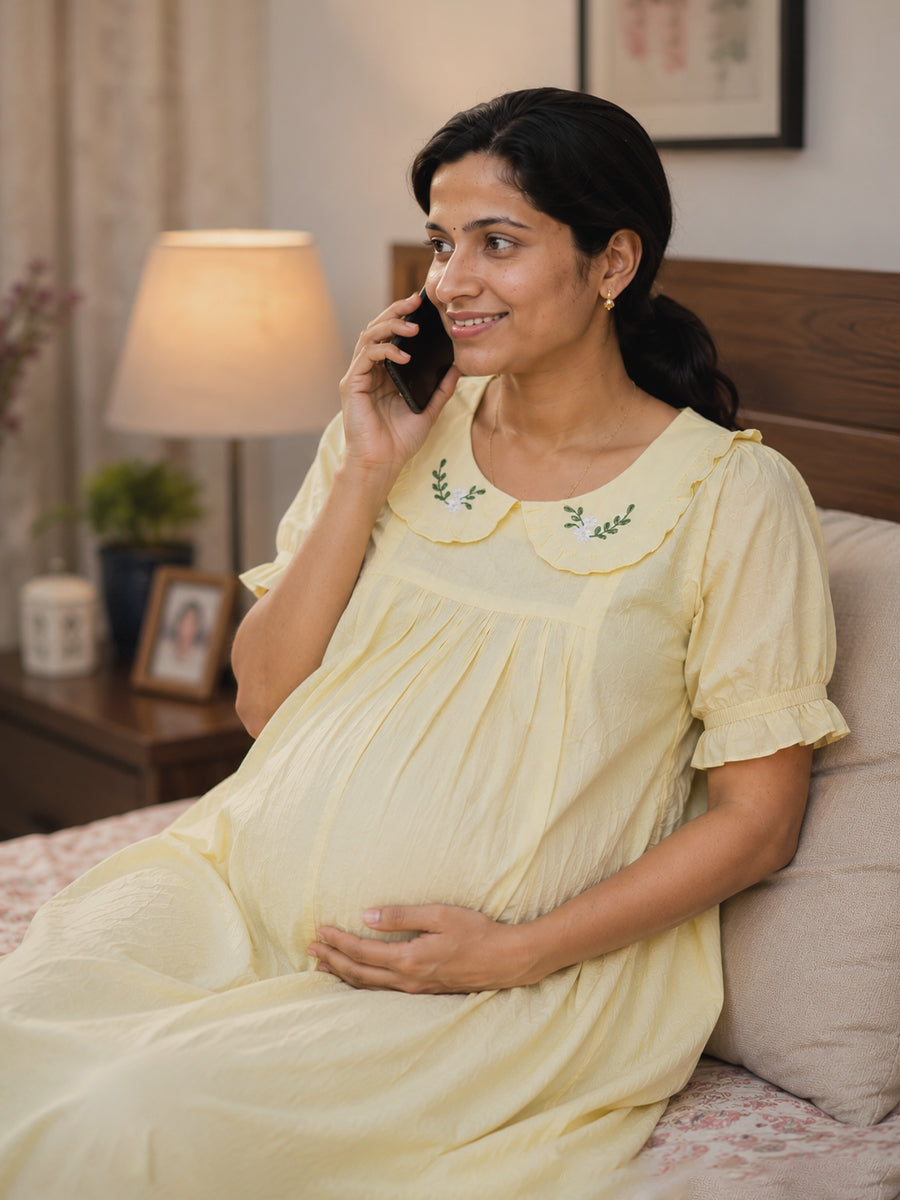Ziva Maternity & Feeding Cotton Short Frock Nighty with Elegant Embroidered Peter Pan Collar, Invisible Feeding Zips & Pocket – Light Yellow
