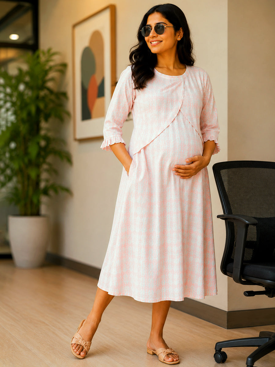 Ziva Maternity & Feeding Knitted Cotton Maxi Dress with Zipless Feeding Access & Pocket – Pink Tie-Dye