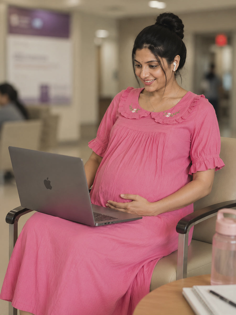 Ziva Maternity & Feeding Cotton Short Frock Nighty with Elegant Embroidered Peter Pan Collar, Invisible Feeding Zips & Pocket – Rosy Peach