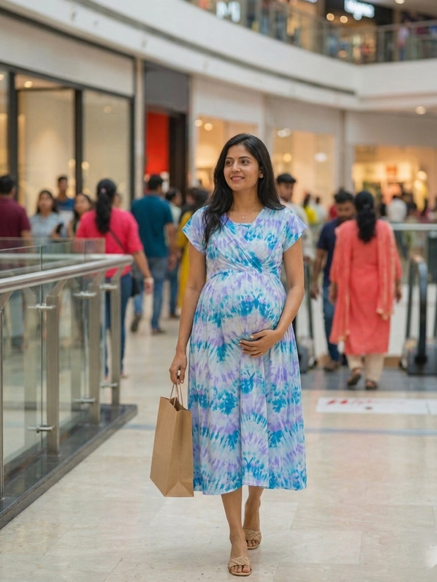 Ziva Maternity & Feeding Knitted Cotton Midi Dress with Zipless Feeding Access & Pocket – Aqua Mist & Lavender Wash Tie-Dye