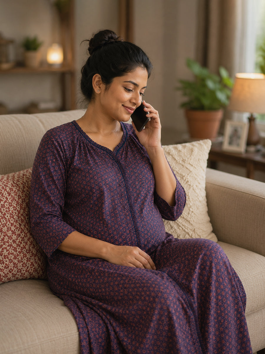 Ziva Maternity & Feeding Cotton Full Open Night Gown with 3/4th Sleeves & Decorative Frill Placket – Dusty Sky Blue Asanoha Geometric Print