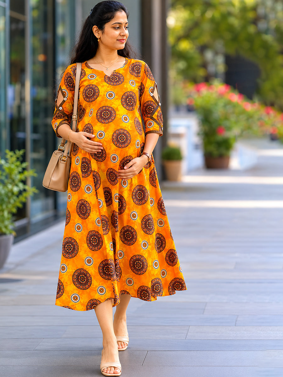 Ziva Maternity & Feeding Cotton Kurta with Double Side Feeding Zip – Mustard Marigold Ethnic Mandala Print