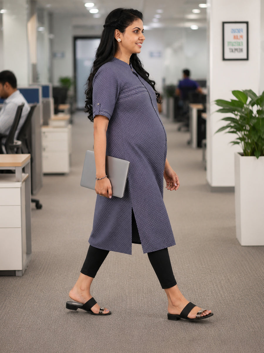 Ziva Maternity & Feeding Cotton Kurta Top with Mandarin Collar, Front Button Opening & Pocket