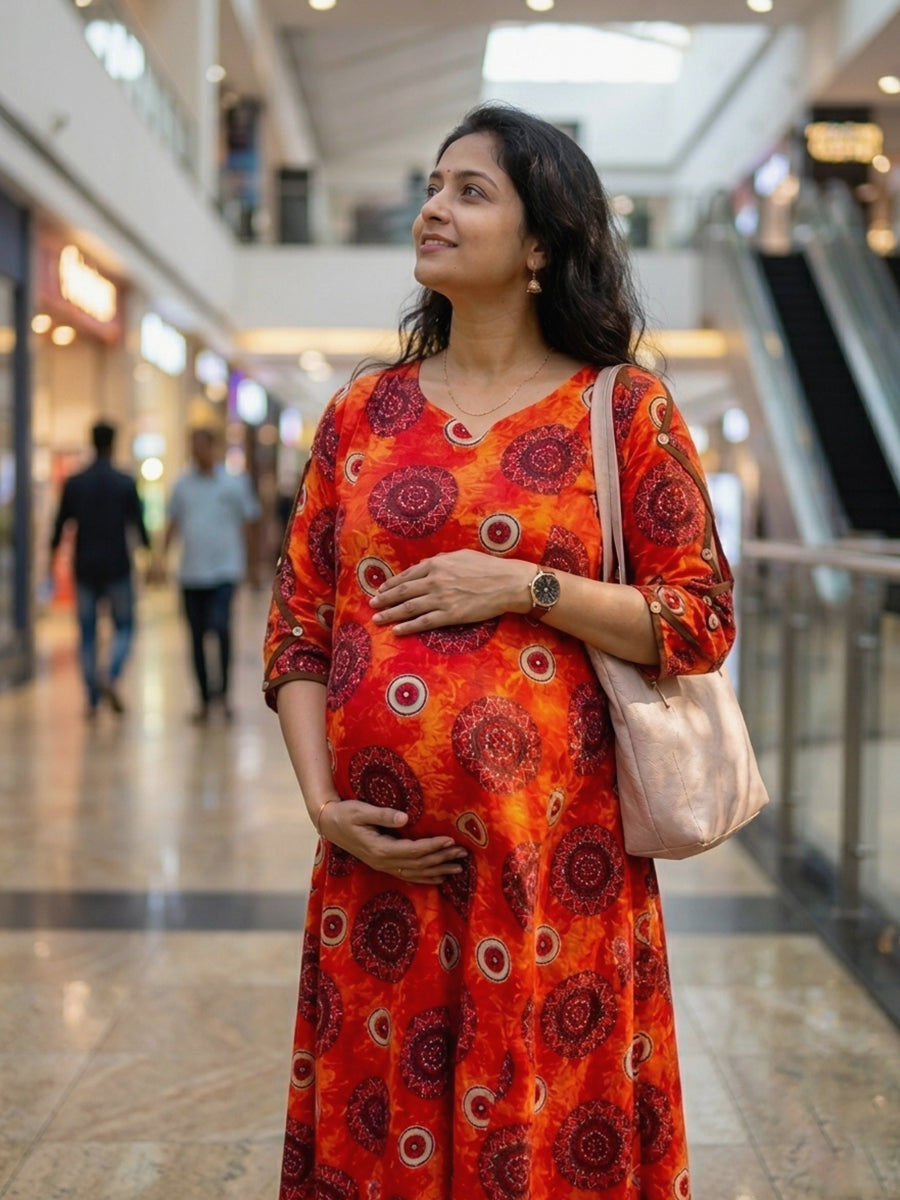 Ziva Maternity & Feeding Cotton Kurta with Double Side Feeding Zip – Burnt Orange Red Ethnic Mandala Print