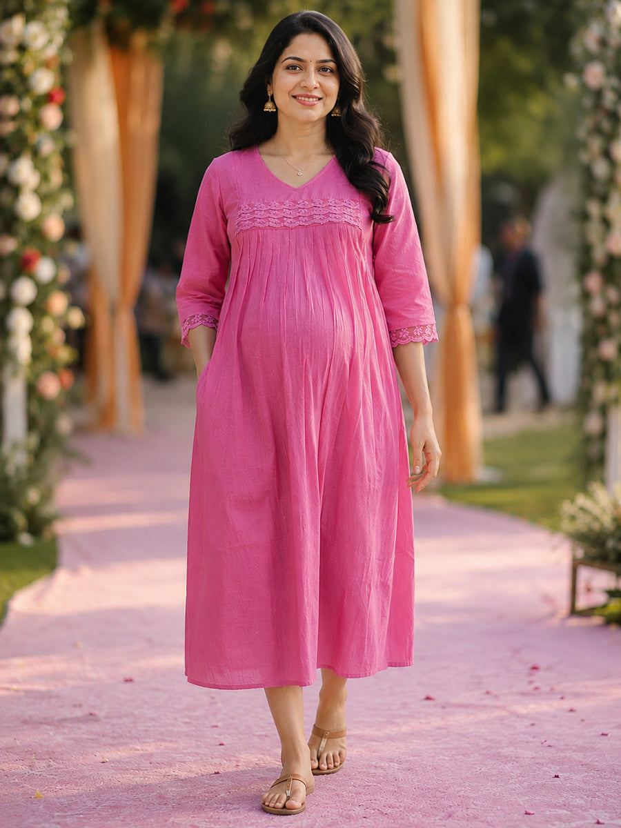 Ziva Maternity & Feeding Slub Grain Textured Dress with Invisible Feeding Zips, Crochet Lace Detailing & Pocket – Rose