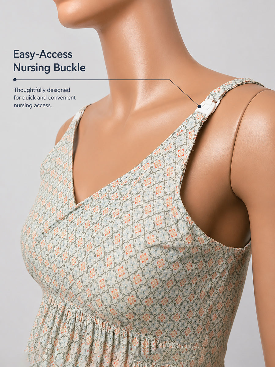 Ziva Maternity & Feeding Crushed Rayon Gown with Easy-Access Nursing Buckles & Adjustable Straps – Soft Mist Grey Geometric Floral Trellis Print