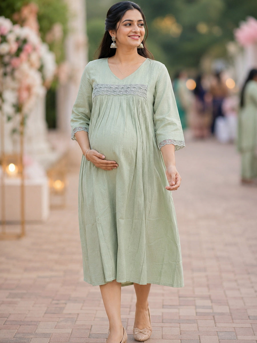 Ziva Maternity & Feeding Slub Grain Textured Dress with Invisible Feeding Zips, Crochet Lace Detailing & Pocket – Pastel Green
