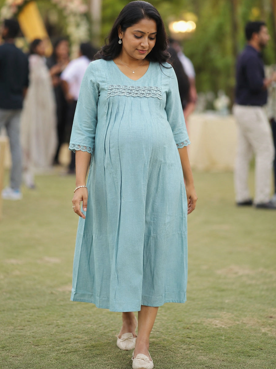 Ziva Maternity & Feeding Slub Grain Textured Dress with Invisible Feeding Zips, Crochet Lace Detailing & Pocket – Dusty Teal
