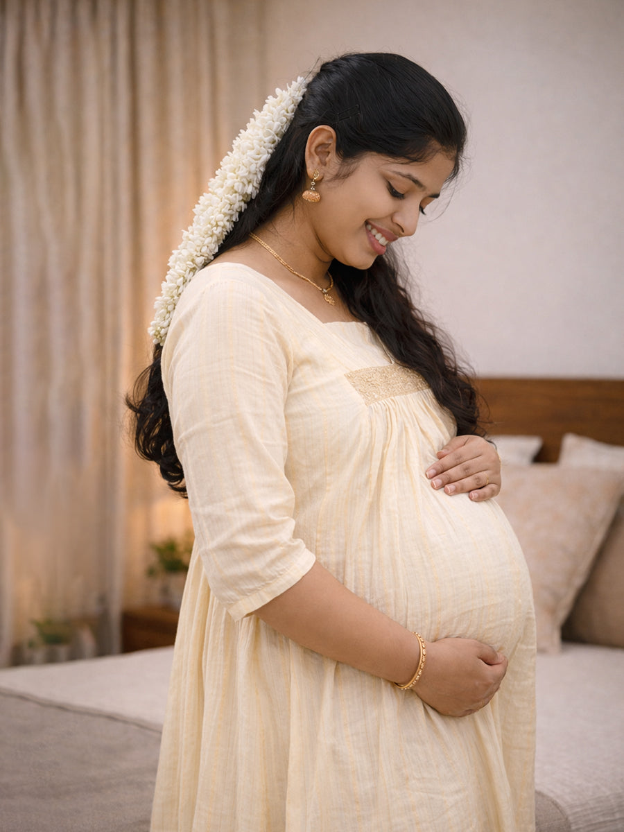 Ziva Maternity & Feeding Cotton Midi Dress with Embroidered Lace Yoke & Concealed Zip – Cream Vishu & Festive Collection