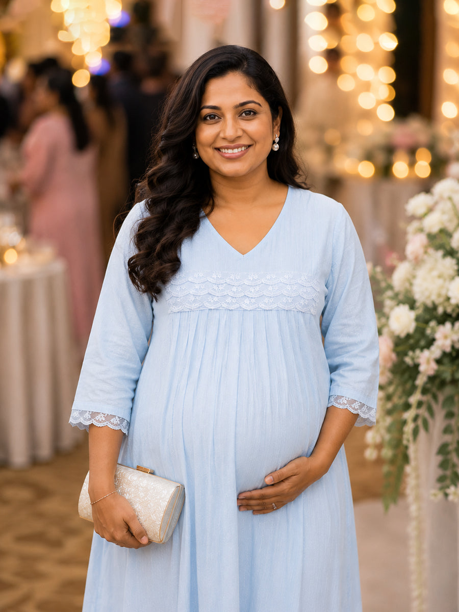 Ziva Maternity & Feeding Slub Grain Textured Dress with Invisible Feeding Zips, Crochet Lace Detailing & Pocket – Powder Blue